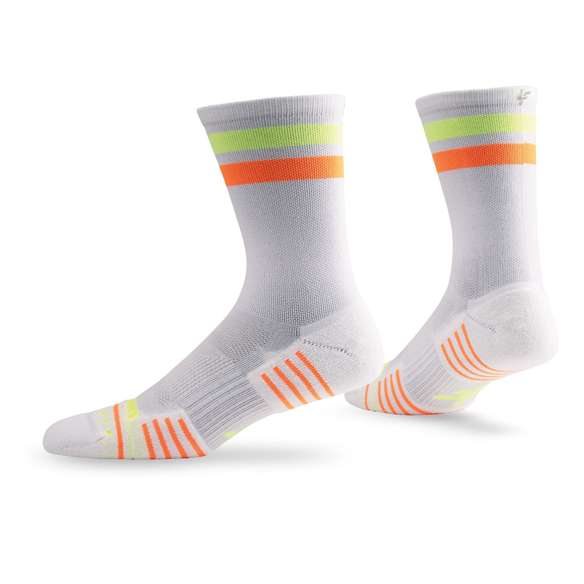 Pair of Lightfeet Performance 2 Stripes White Yellow Orange Crew Socks 