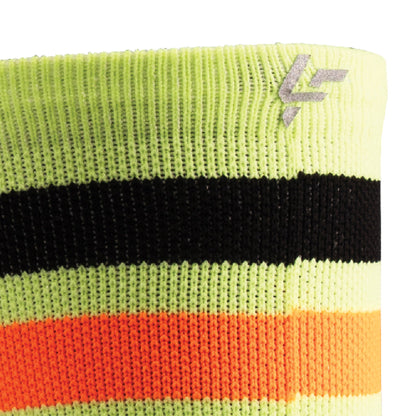 Close up view of reflective print symbol on Lightfeet Performance 2 Stripes Yellow Black Orange Crew Socks 