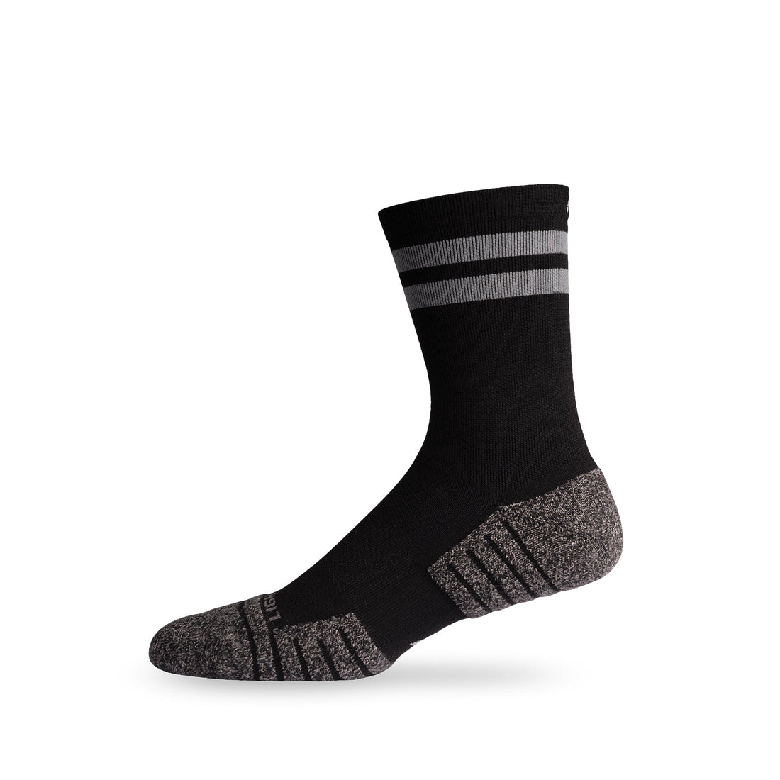 Side view of Lightfeet Performance 2 Stripes Black Half Crew Sock 