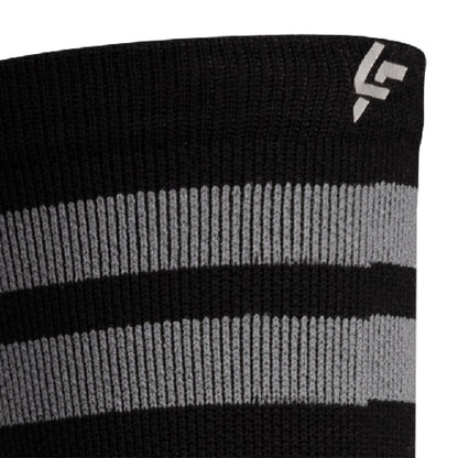 Close up view of reflective print symbol on Lightfeet Performance 2 Stripes Black Half Crew Sock 
