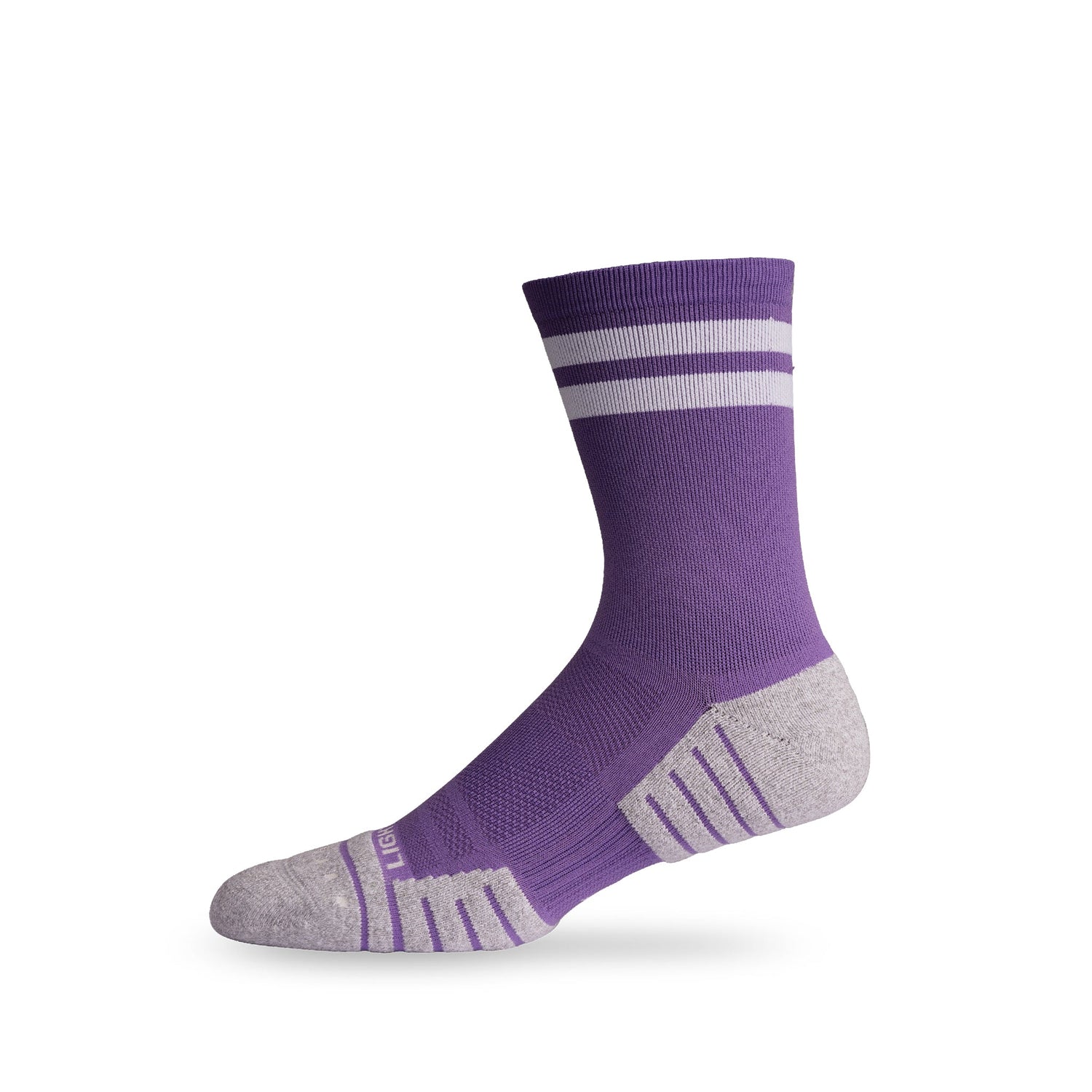 Side view of Lightfeet Performance 2 Stripes Violet Half Crew Sock 