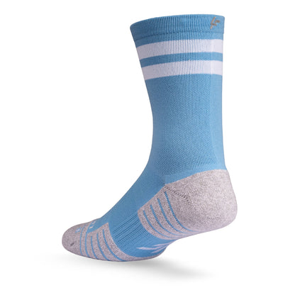 Heel view of Lightfeet Performance 2 Stripes Soft Blue Half Crew Sock 