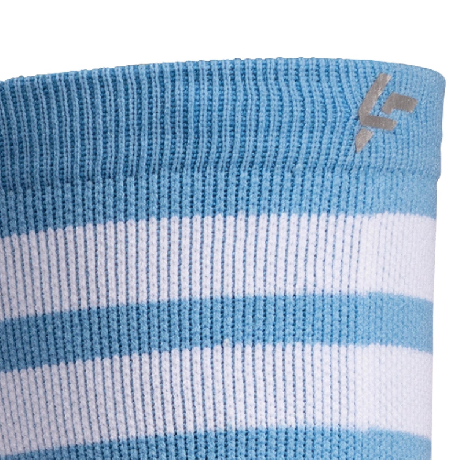 Close up view of reflective print symbol on Lightfeet Performance 2 Stripes Soft Blue Half Crew Sock 