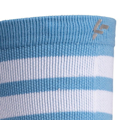Close up view of reflective print symbol on Lightfeet Performance 2 Stripes Soft Blue Half Crew Sock 
