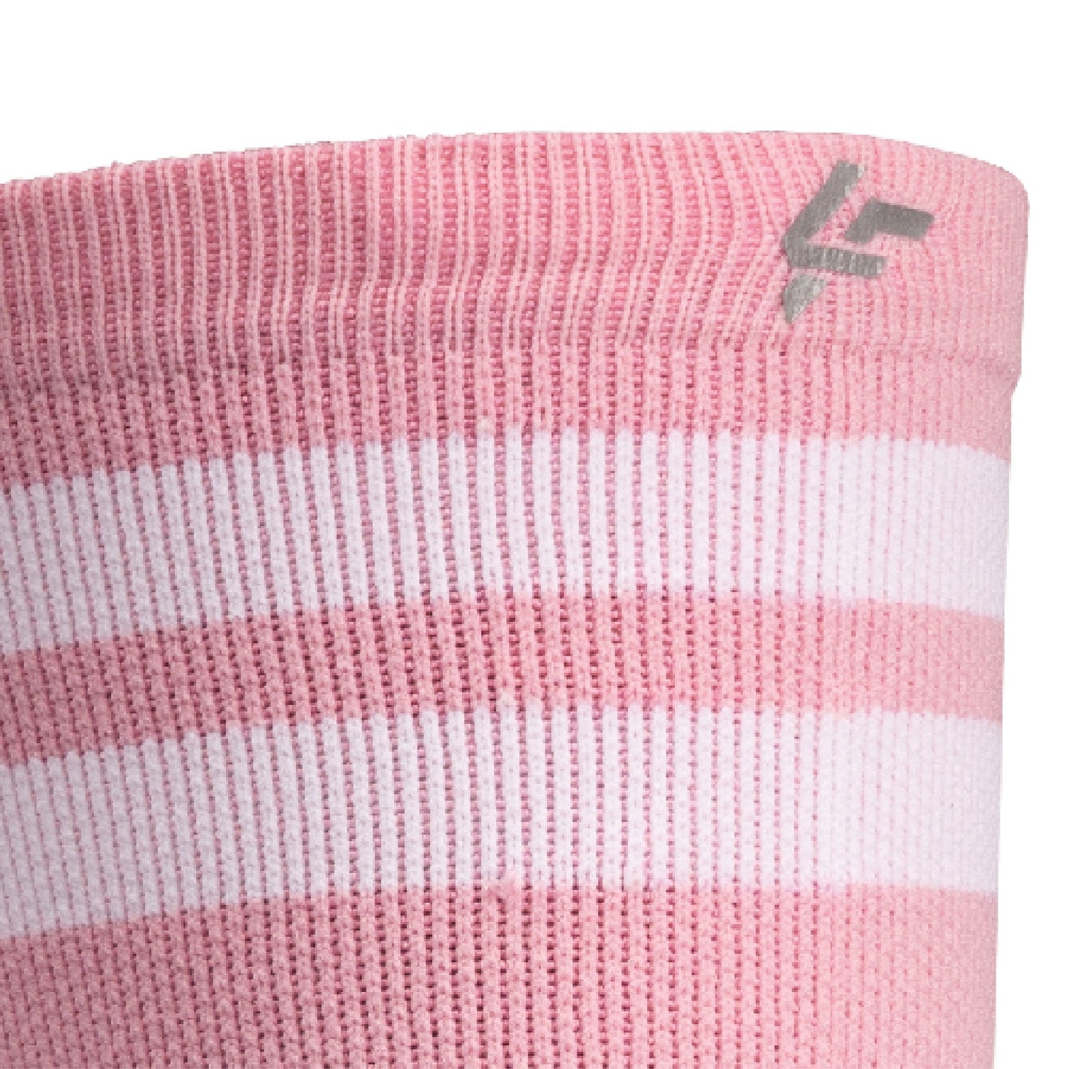Close up view of reflective print symbol on Lightfeet Performance 2 Stripes Soft Pink Half Crew Sock 