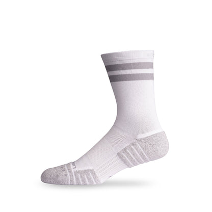Side view of Lightfeet Performance 2 Stripes White Half Crew Sock 