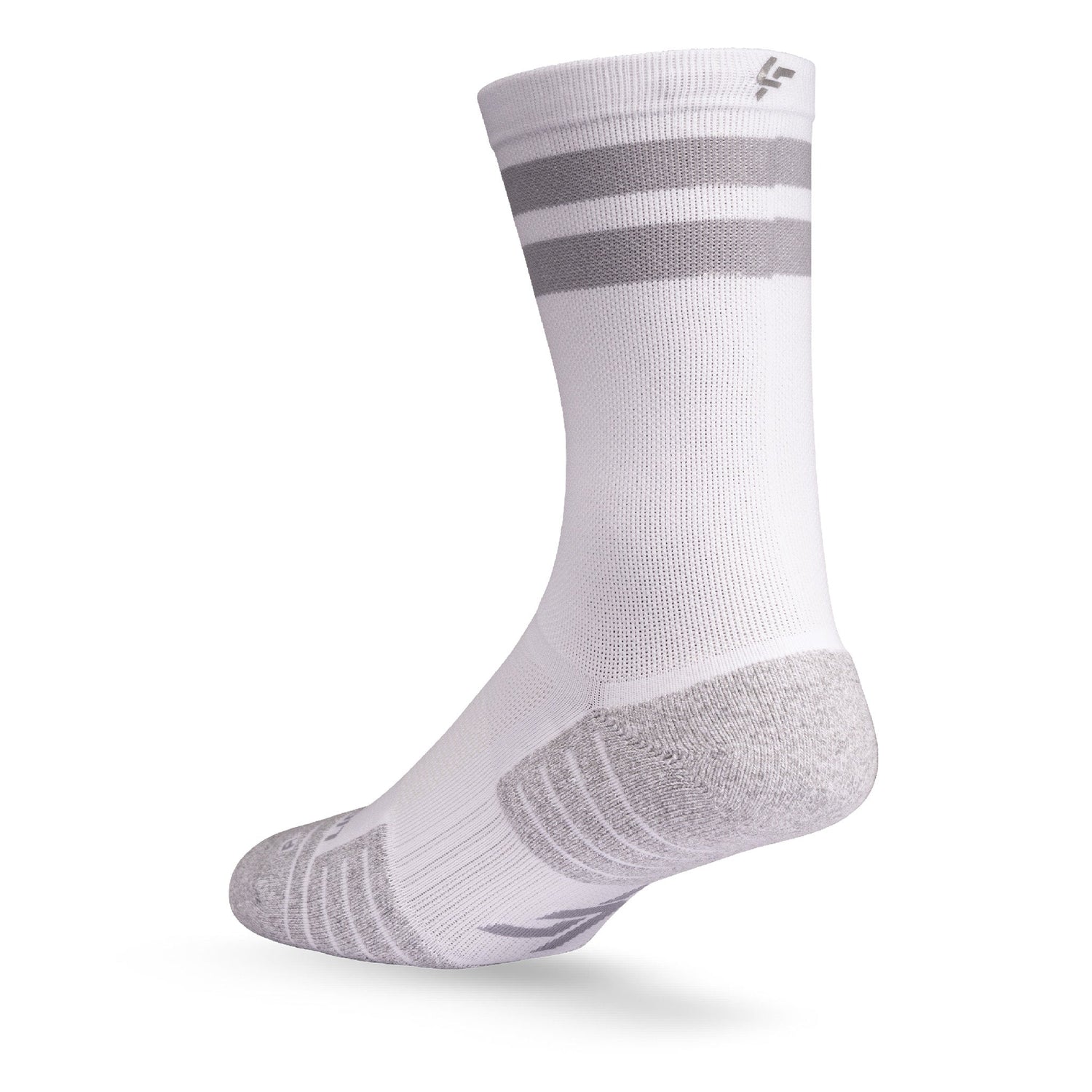 Heel view of Lightfeet Performance 2 Stripes White Half Crew Sock 
