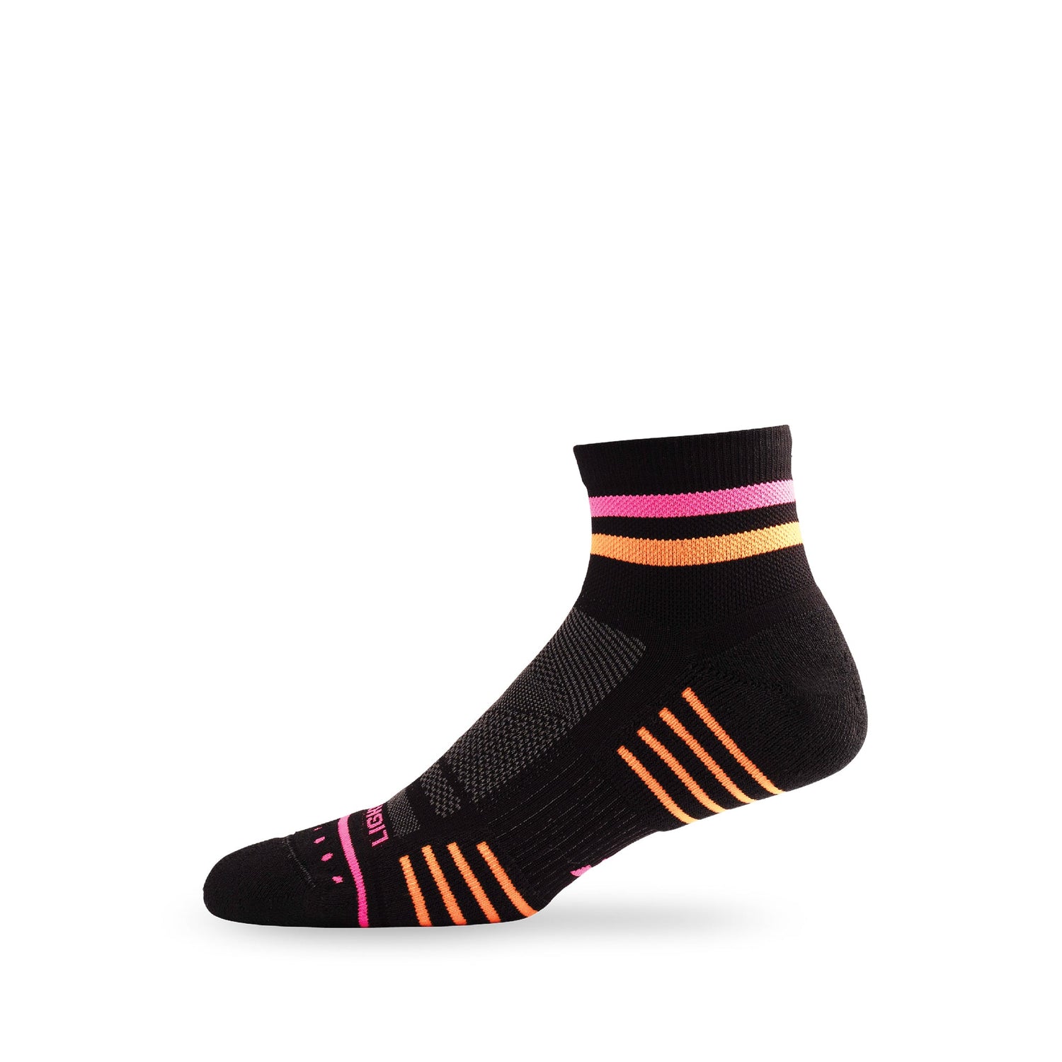 Side view of Lightfeet Performance 2 Stripes Black Pink Orange Quarter Socks 