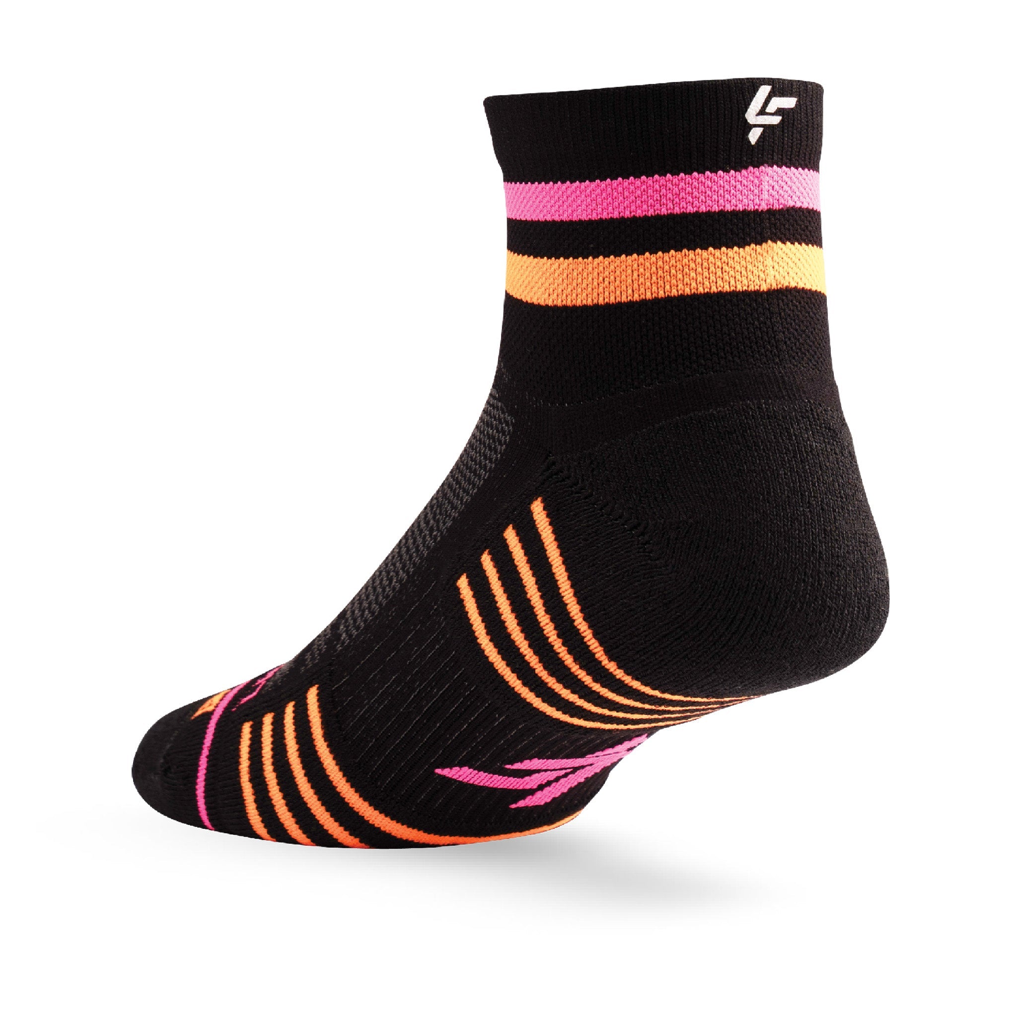 Heel view of Lightfeet Performance 2 Stripes Black Pink Orange Quarter Socks 