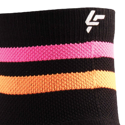 Close up view of reflective print symbol on Lightfeet Performance 2 Stripes Black Pink Orange Quarter Socks 