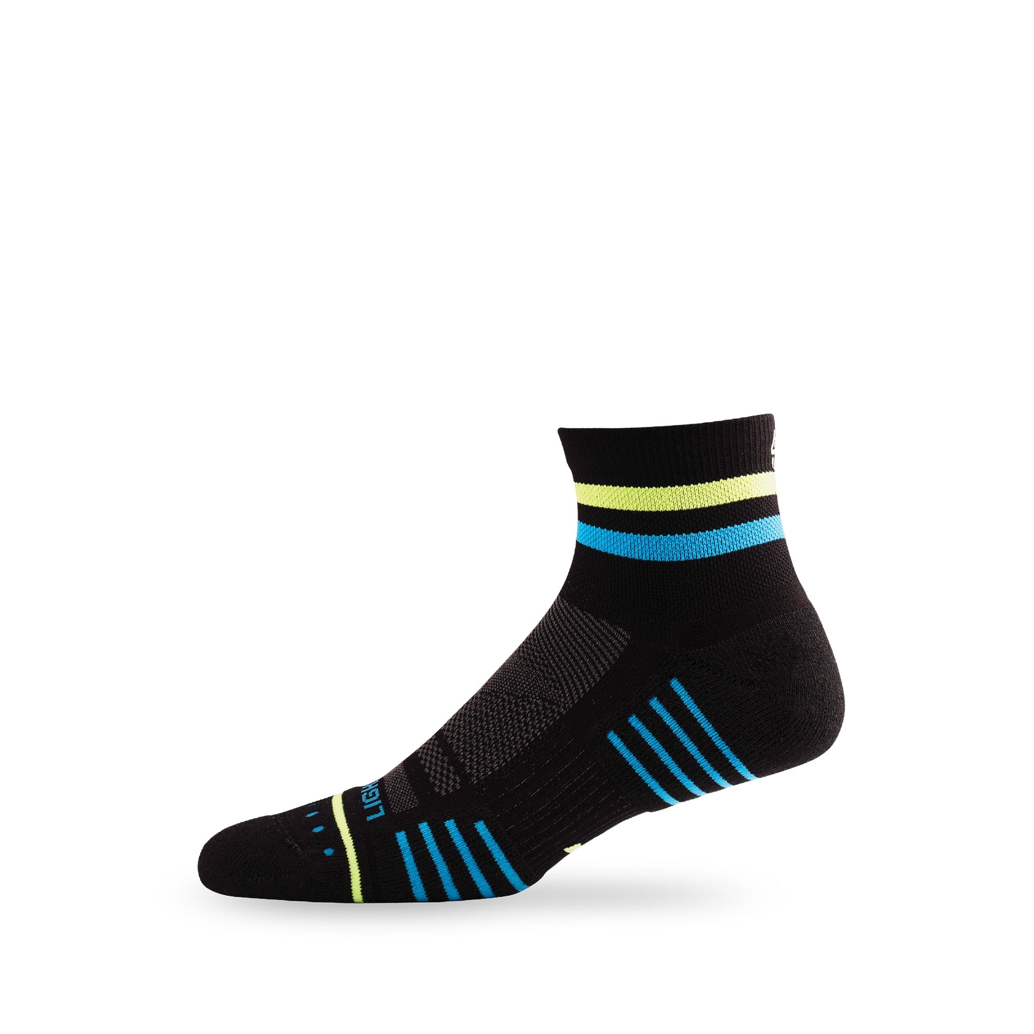 Side view of Lightfeet Performance 2 Stripes Black Yellow Aqua Quarter Socks 