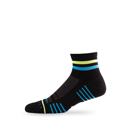 Side view of Lightfeet Performance 2 Stripes Black Yellow Aqua Quarter Socks 