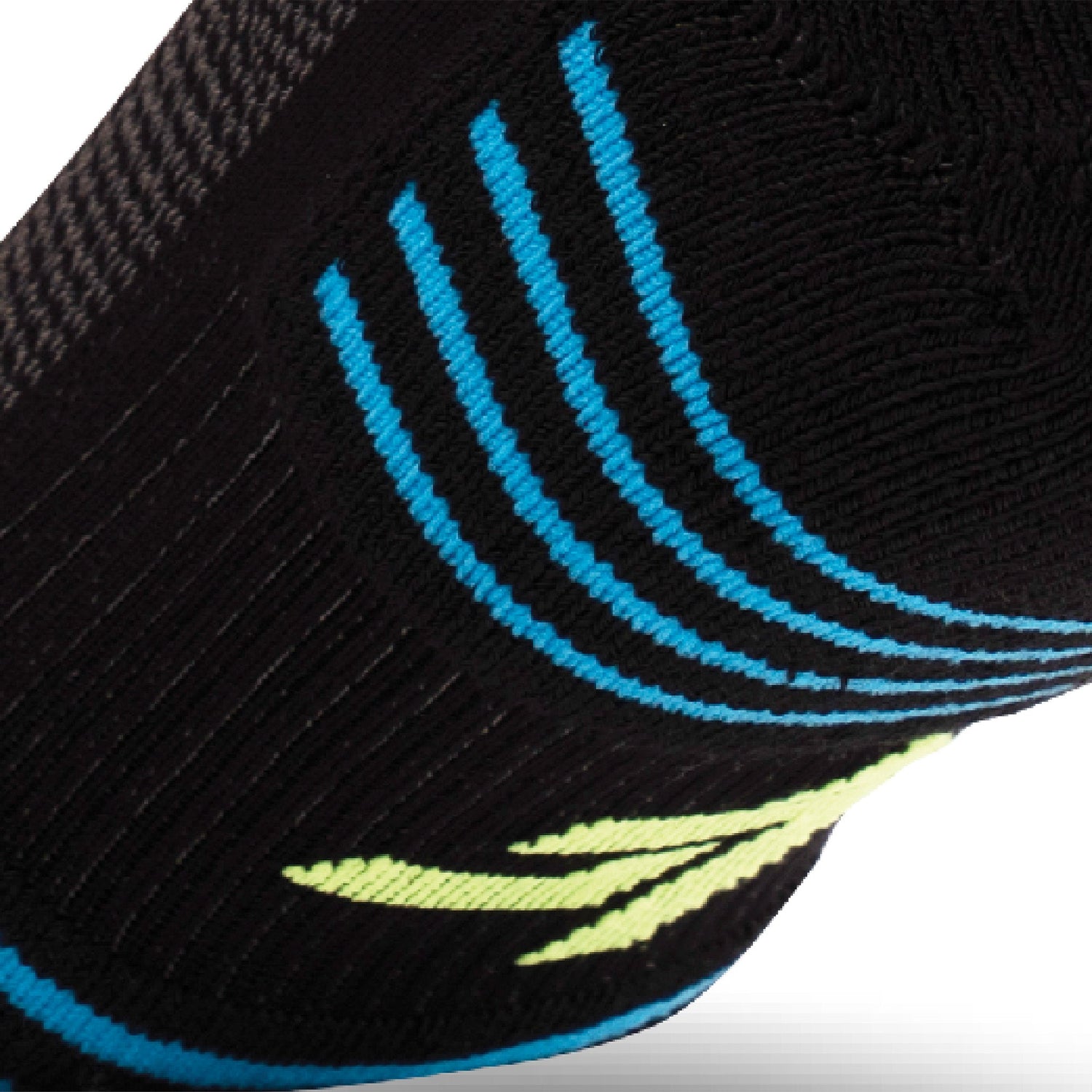 Close up view of elastic arch of Lightfeet Performance 2 Stripes Black Yellow Aqua Quarter Socks 