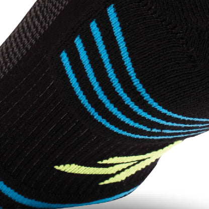 Close up view of elastic arch of Lightfeet Performance 2 Stripes Black Yellow Aqua Quarter Socks 