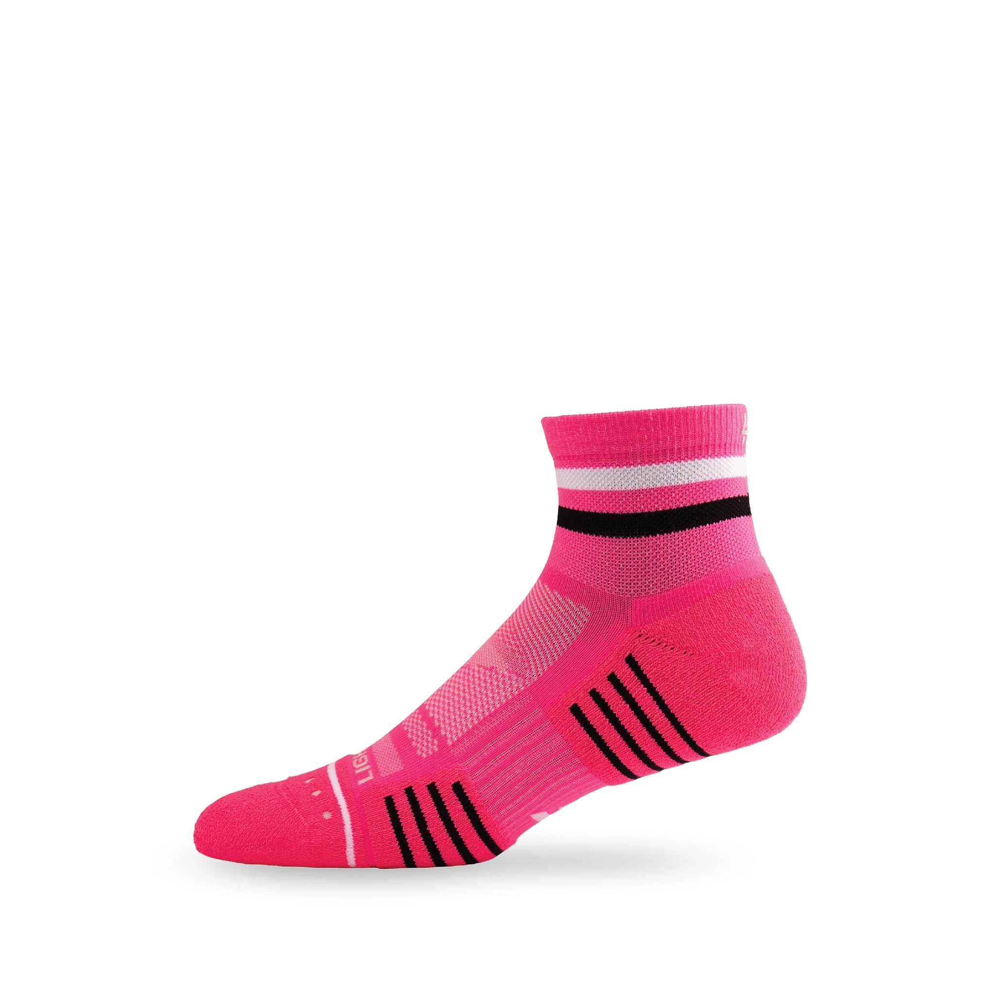 Side view of Lightfeet Performance 2 Stripes Pink White Black_x0010_Quarter Socks 