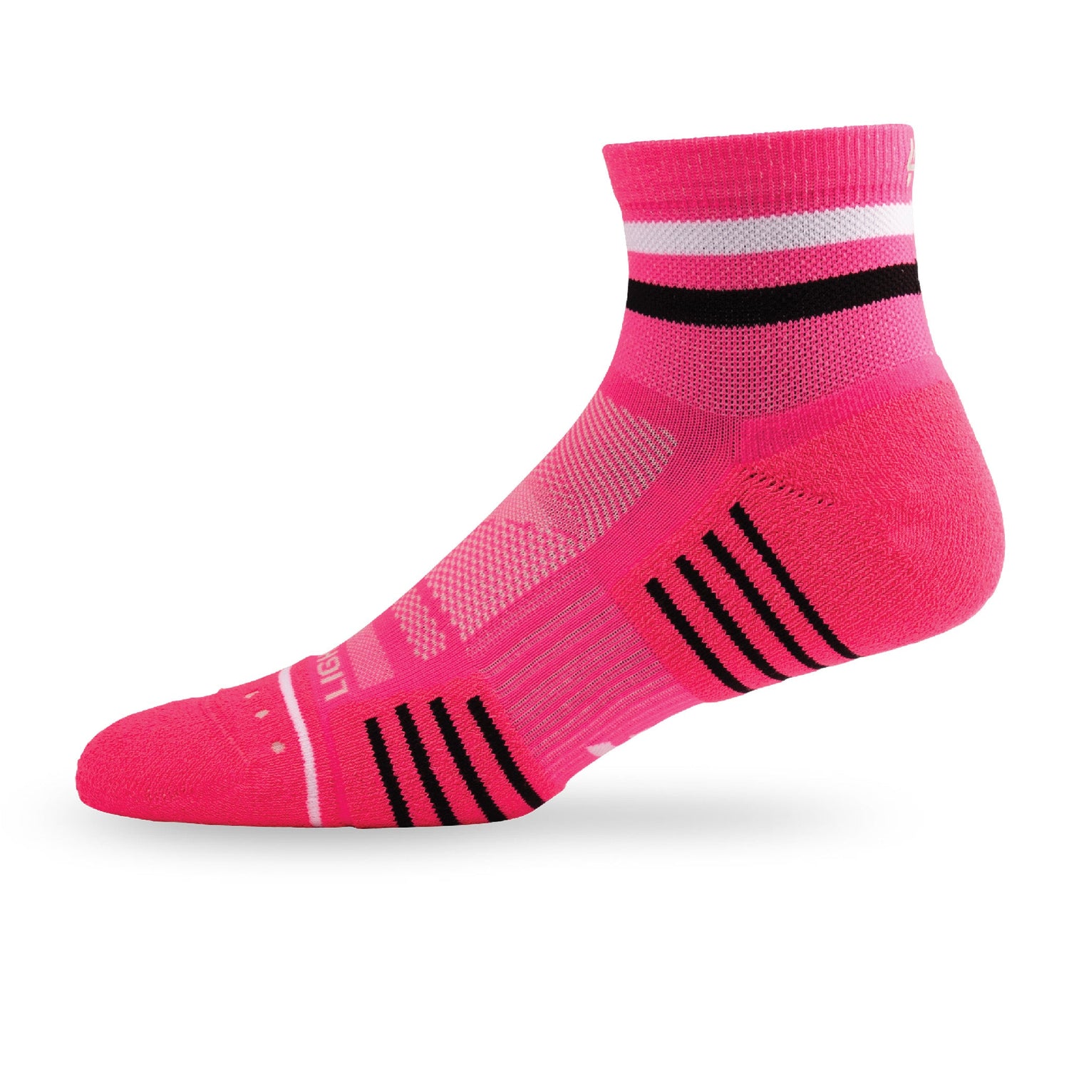 Side view of Lightfeet Performance 2 Stripes Pink White BlackQuarter Socks 