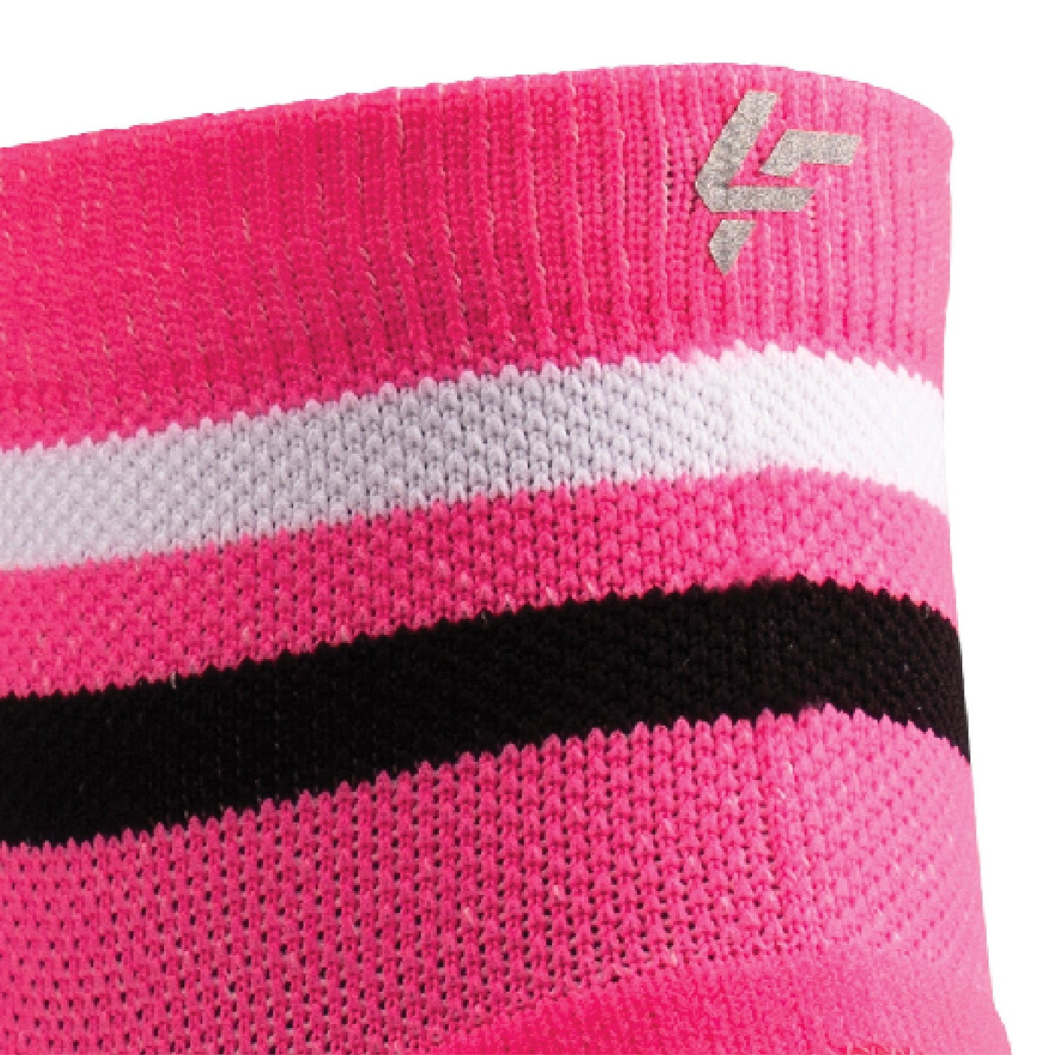 Close up view of reflective print symbol on Lightfeet Performance 2 Stripes Pink White BlackQuarter Socks 