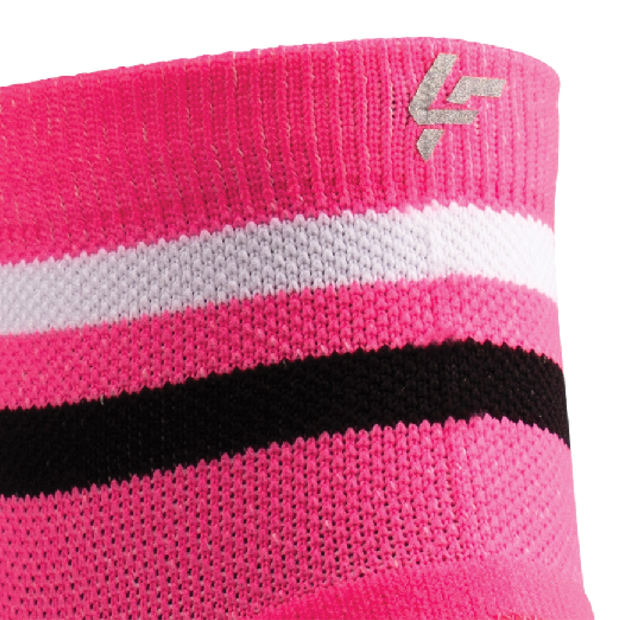 Close up view of reflective print symbol on Lightfeet Performance 2 Stripes Pink White Black_x0010_Quarter Socks 