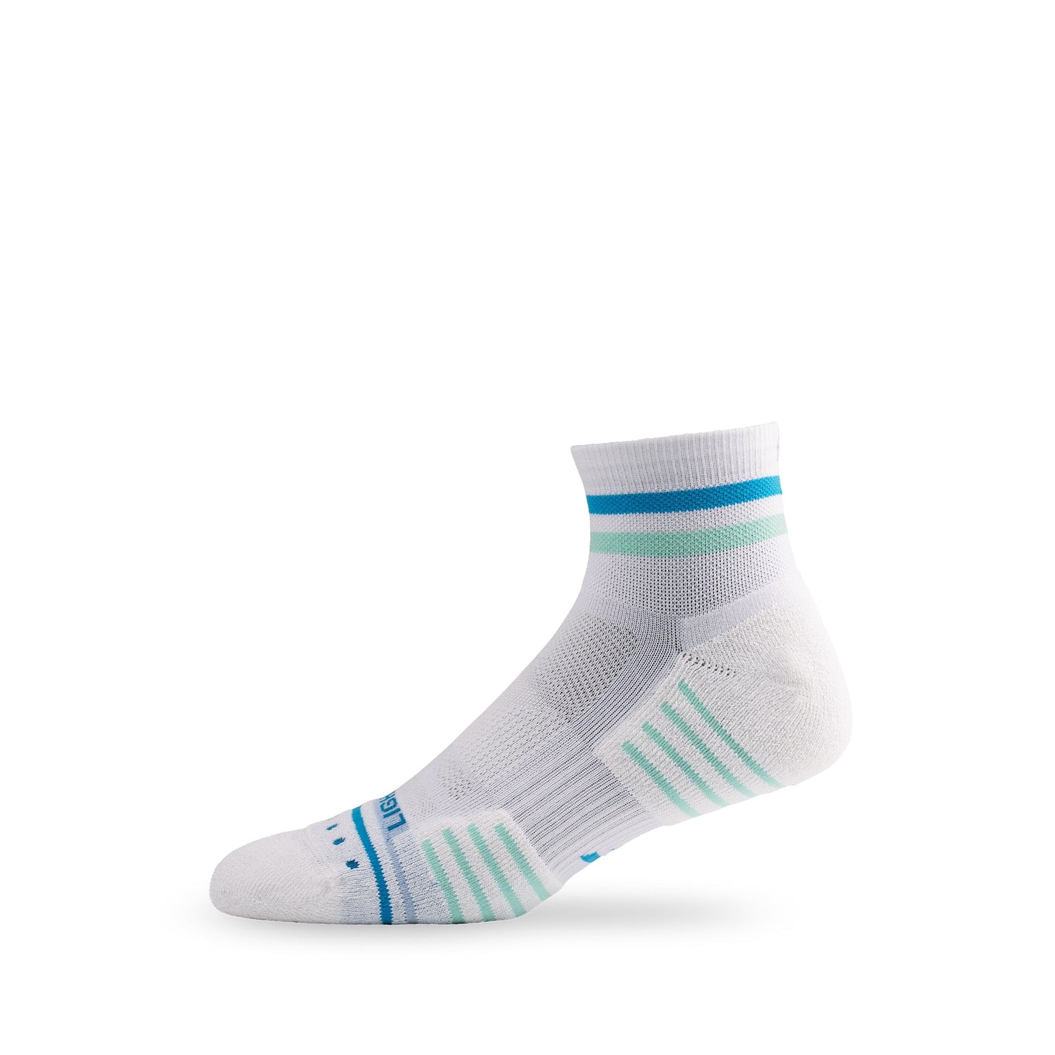 Side view of Lightfeet Performance 2 Stripes White Blue Glacier Quarter Socks 