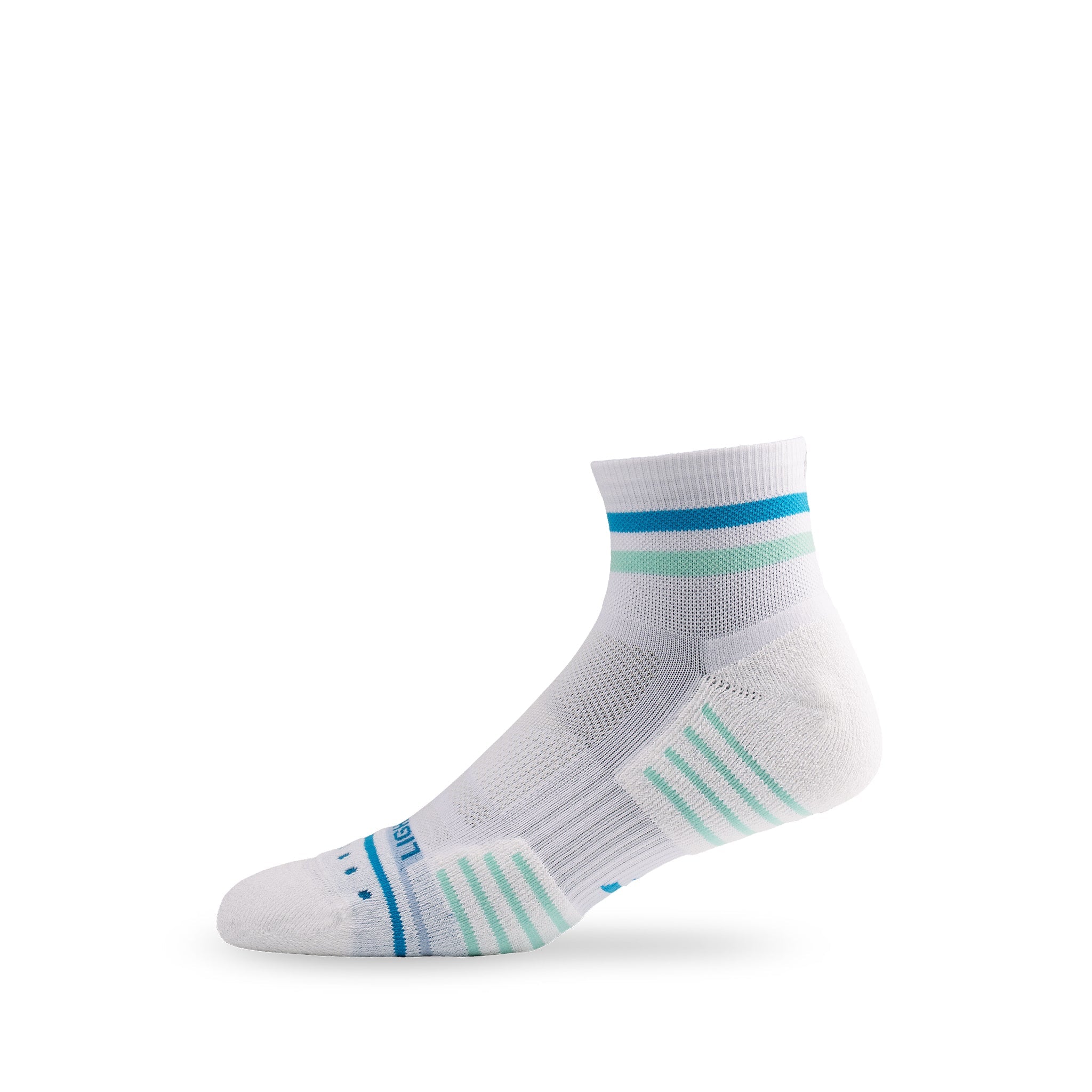 Side view of Lightfeet Performance 2 Stripes White Blue Glacier Quarter Socks 