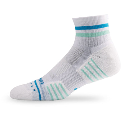 Side view of Lightfeet Performance 2 Stripes White Blue Glacier Quarter Socks 