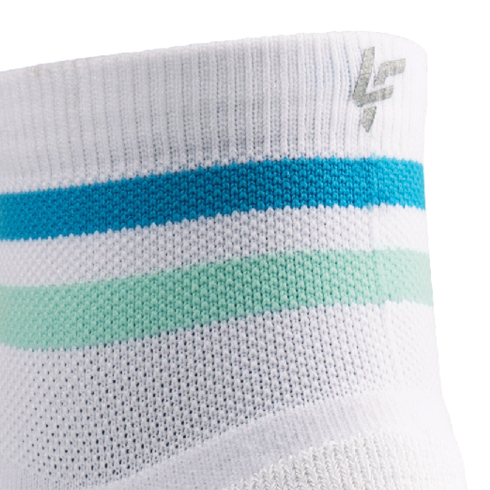 Close up view of reflective print symbol on Lightfeet Performance 2 Stripes White Blue Glacier Quarter Socks 