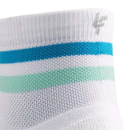 Close up view of reflective print symbol on Lightfeet Performance 2 Stripes White Blue Glacier Quarter Socks 