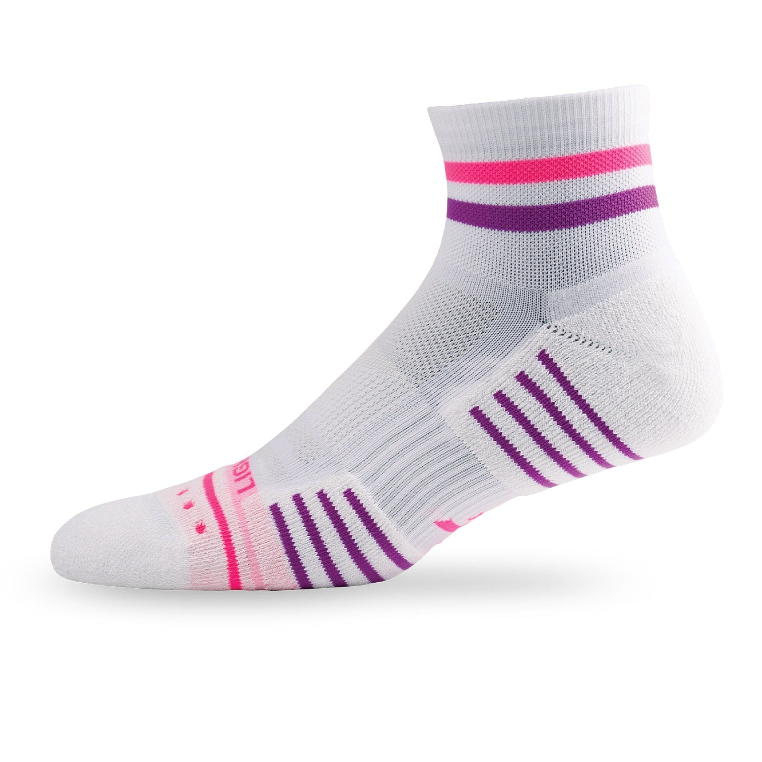 Side view of Lightfeet Performance 2 Stripes White Pink Purple Quarter Socks 