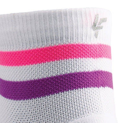 Close up view of reflective print symbol on Lightfeet Performance 2 Stripes White Pink Purple Quarter Socks 