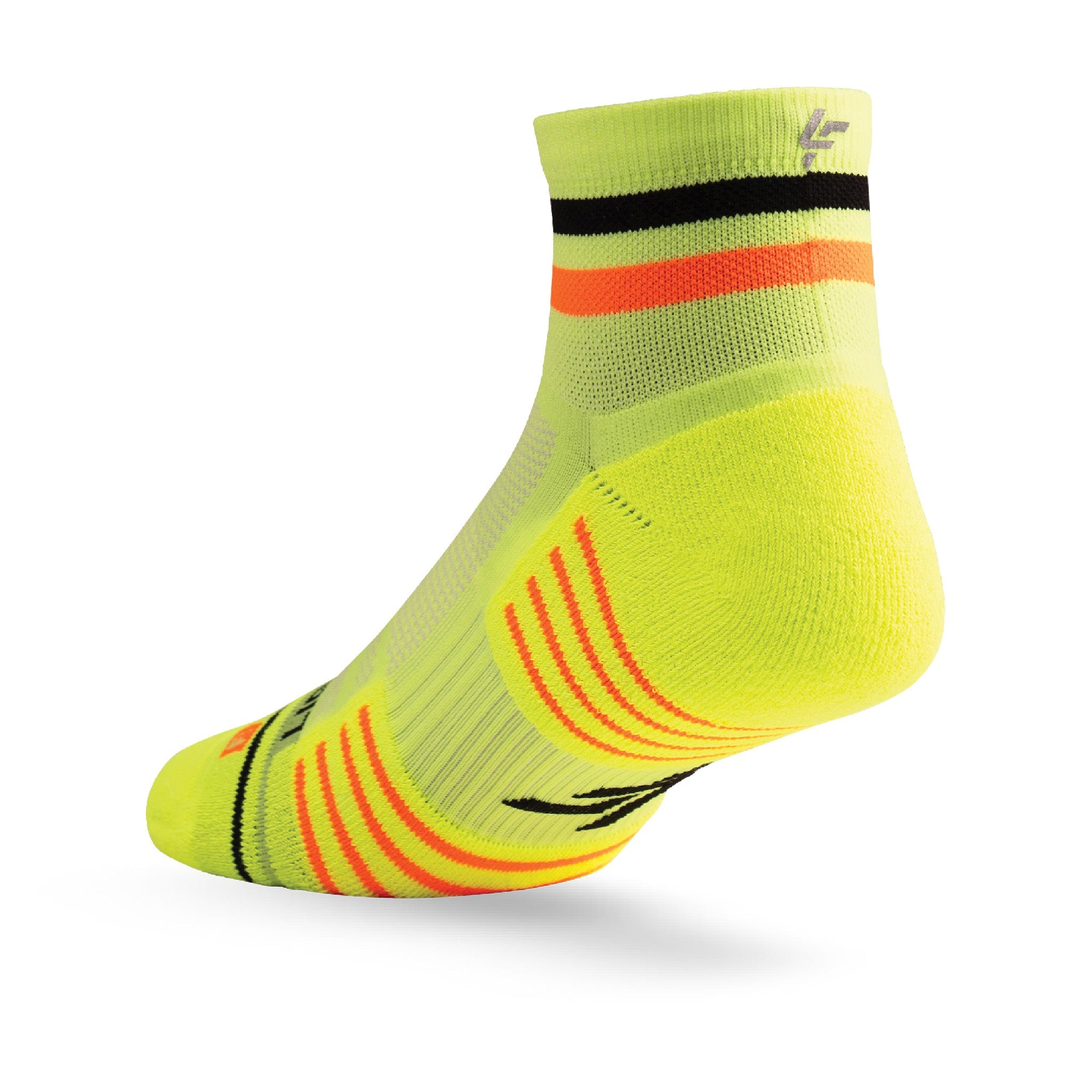Heel view of Lightfeet Performance 2 Stripes Yellow Black Orange Quarter Socks 