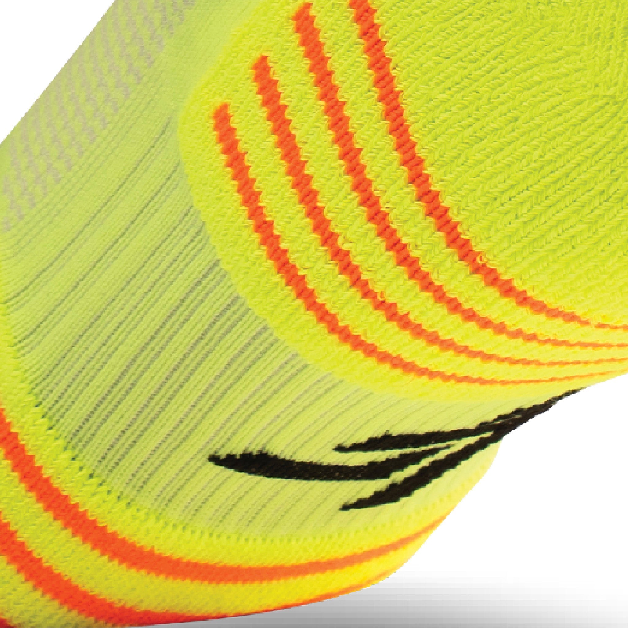 Close up view of elastic arch of Lightfeet Performance 2 Stripes Yellow Black Orange Quarter Socks 