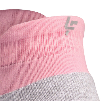 Close up view of reflective symbol on Lightfeet Performance Soft Pink Ankle Sock 