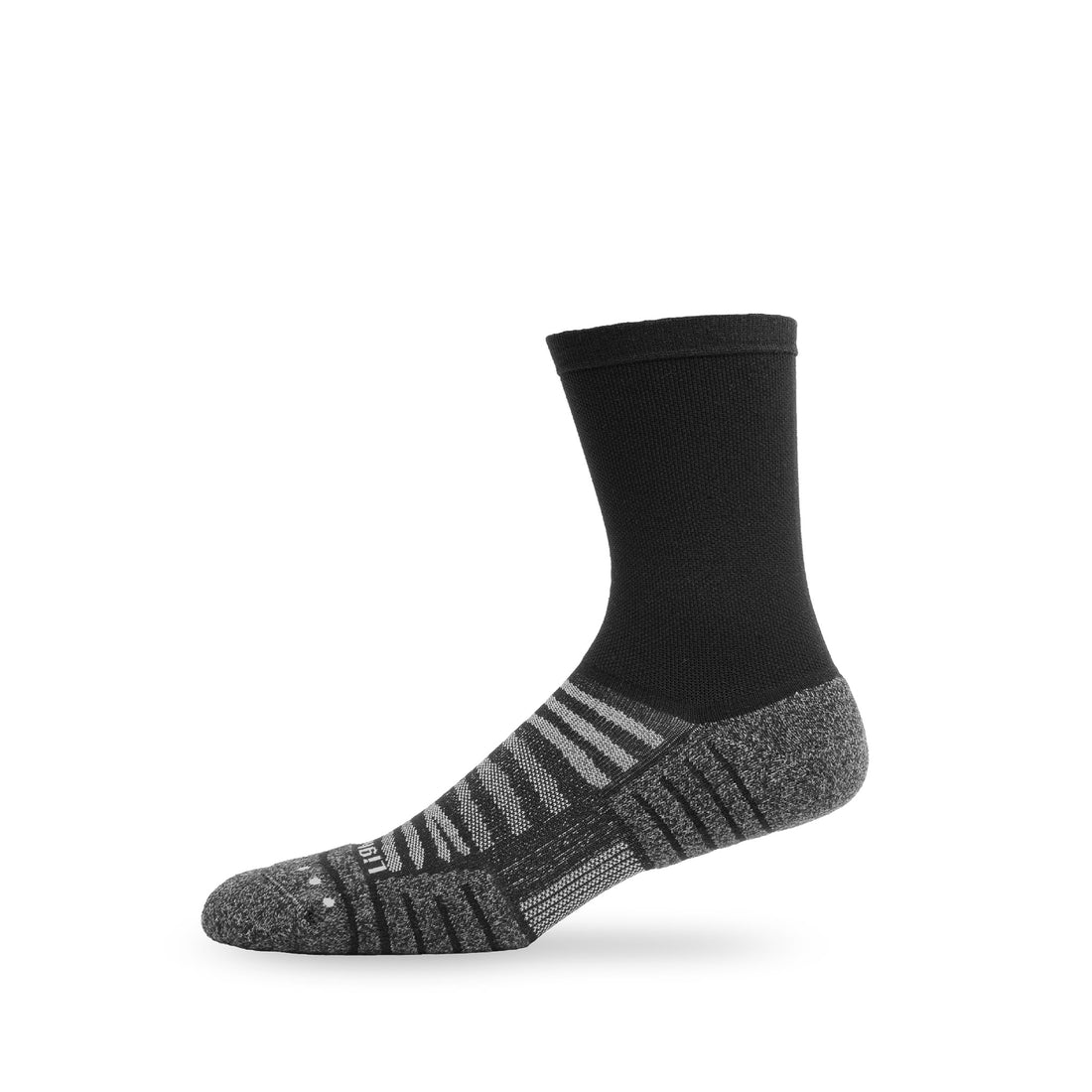 Side view of Lightfeet Performance Black Half Crew Sock 