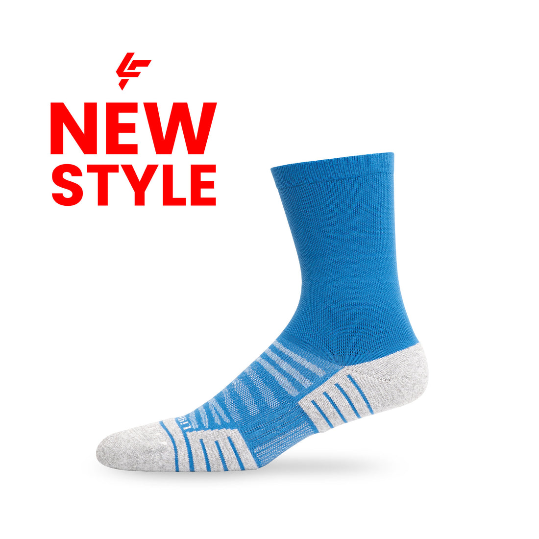 Side view of new style Lightfeet Performance Blue Half Crew Sock