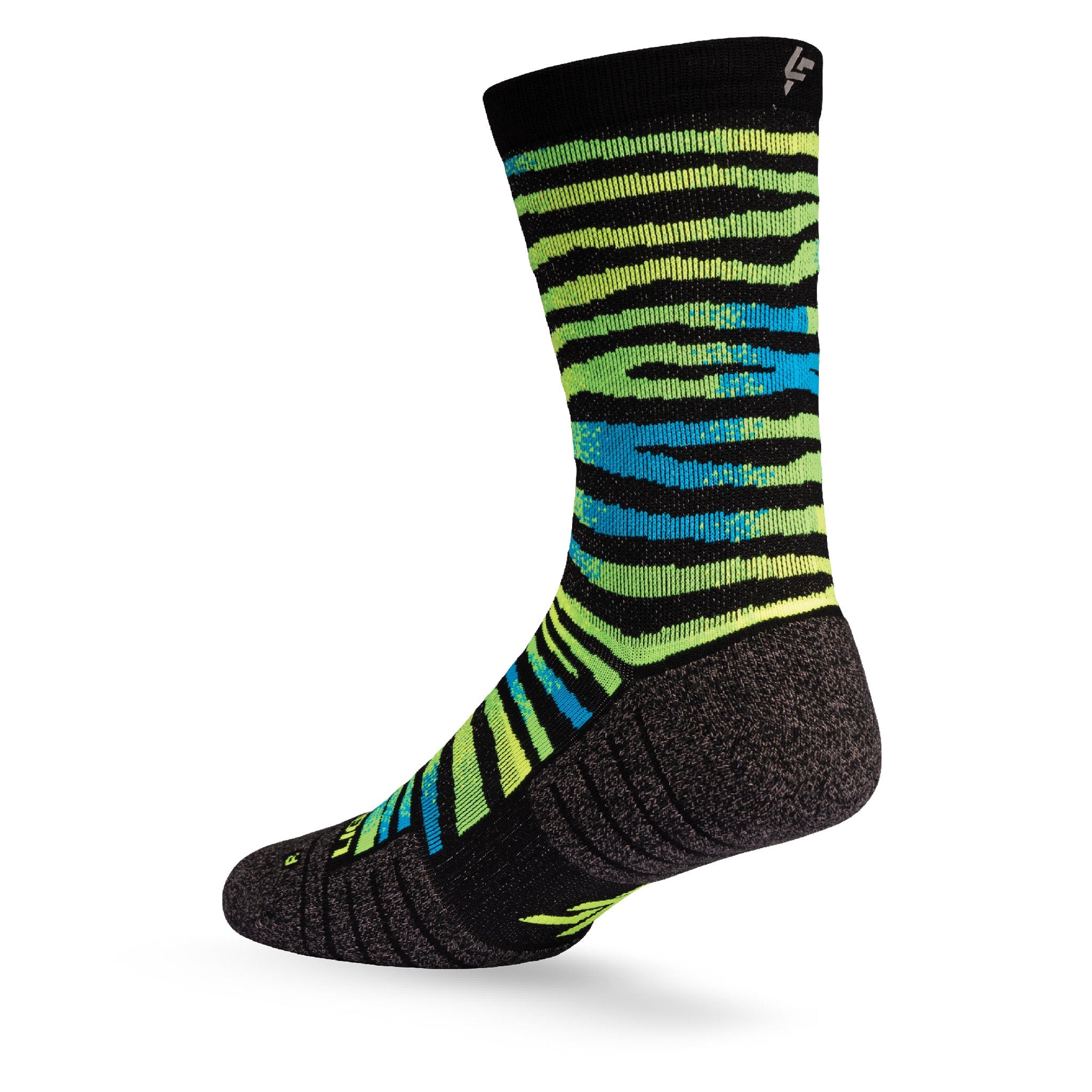 Heel view of Lightfeet Performance Predator Black Yellow Aqua Half Crew Sock 