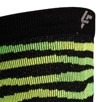 Close up view of reflective print symbol on Lightfeet Performance Predator Black Yellow Aqua Half Crew Sock 