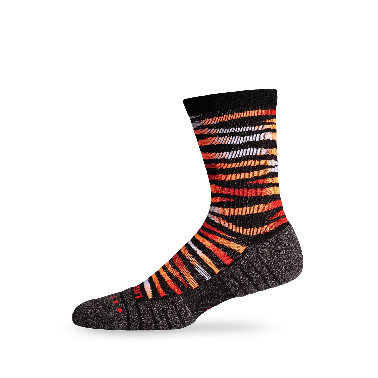 Side view of Lightfeet Performance Predator Black Red Orange Half Crew Sock 