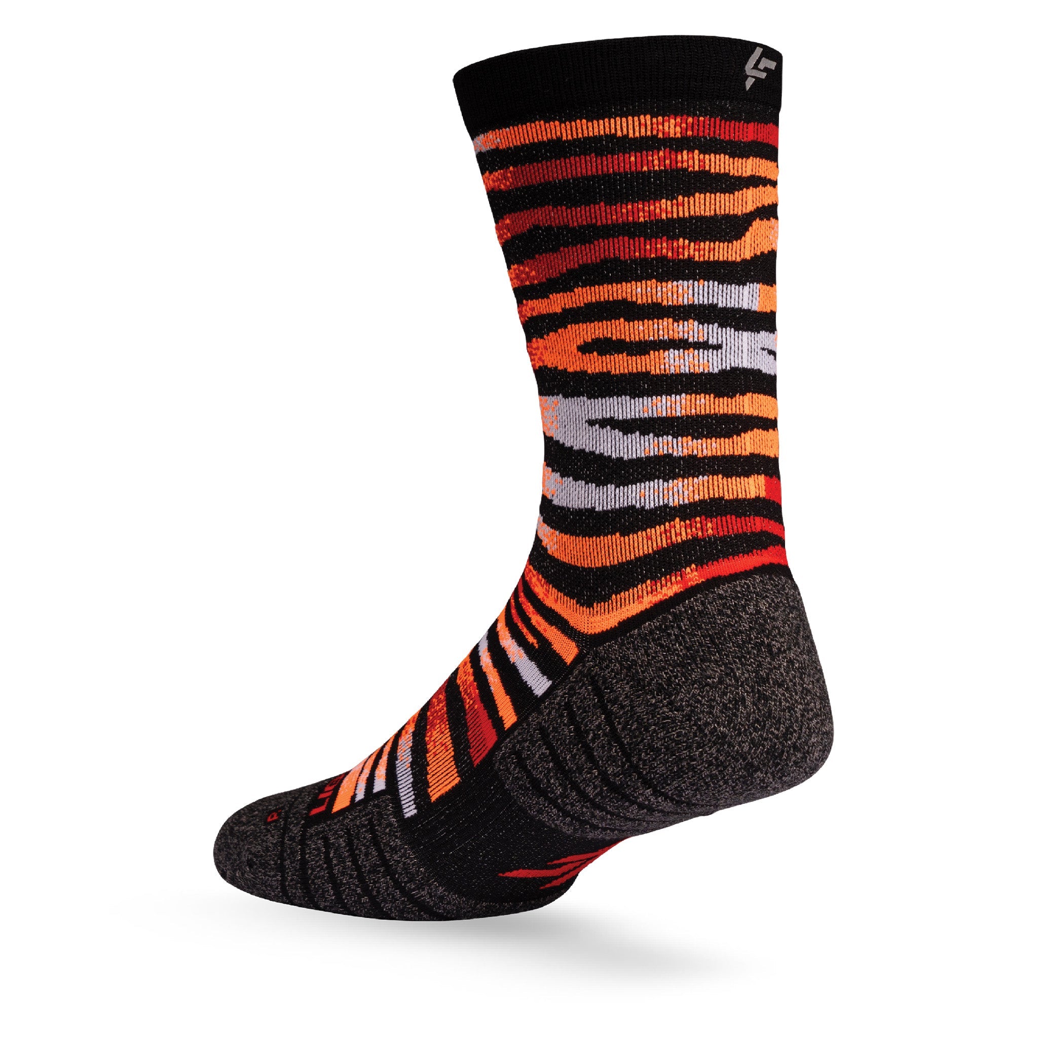 Heel view of Lightfeet Performance Predator Black Red Orange Half Crew Sock 