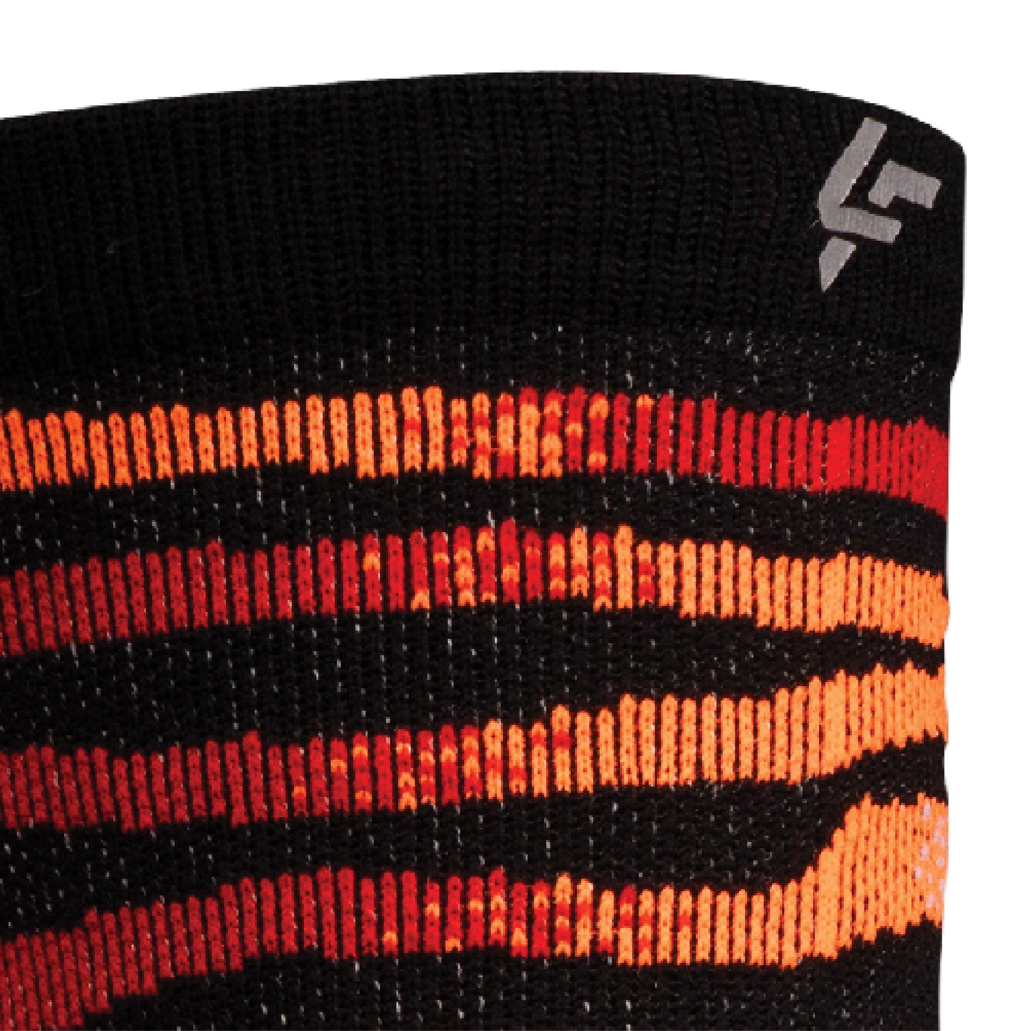 Close up view of reflective print symbol on Lightfeet Performance Predator Black Red Orange Half Crew Sock 
