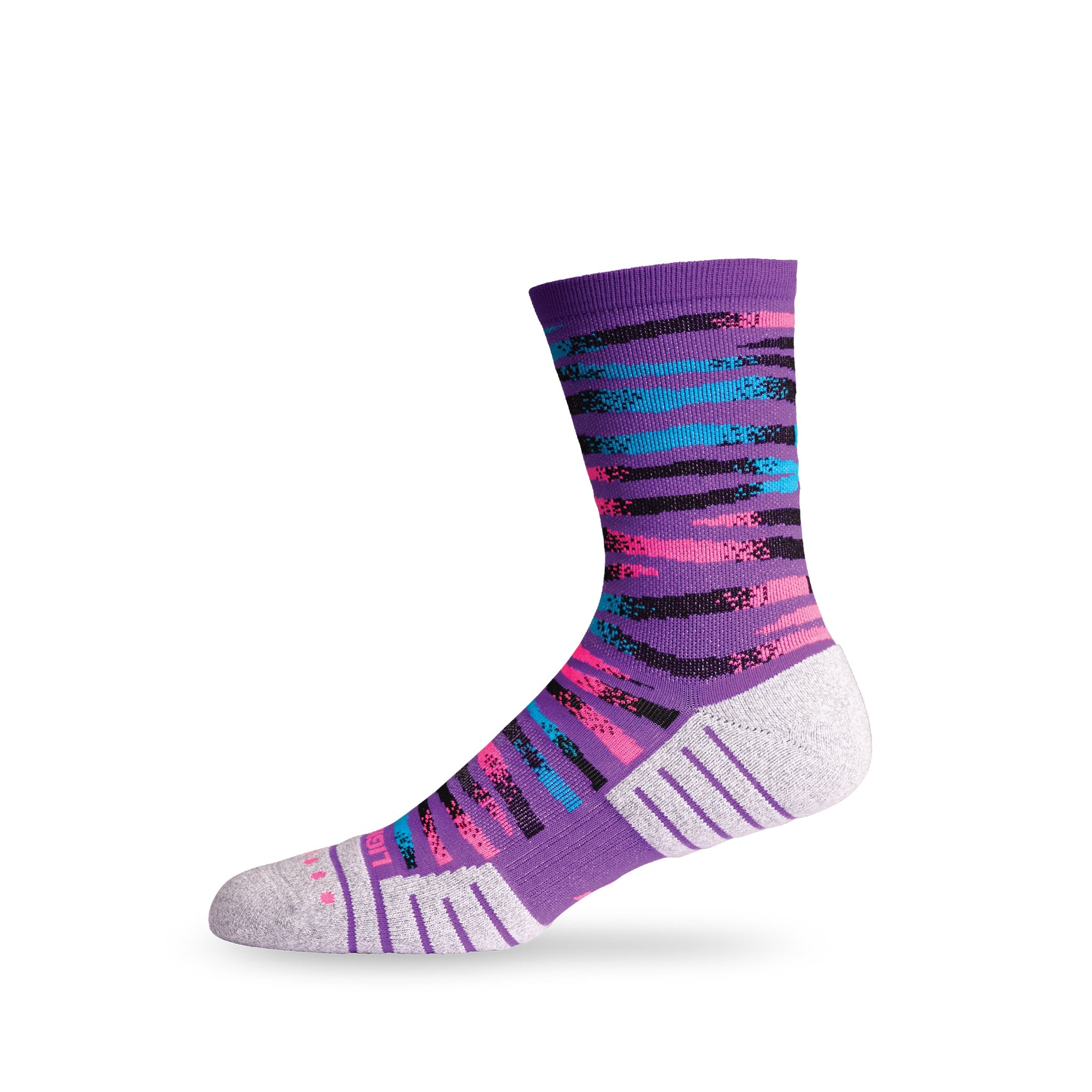 Side view of Lightfeet Performance Predator Purple Aqua Pink Half Crew Sock 