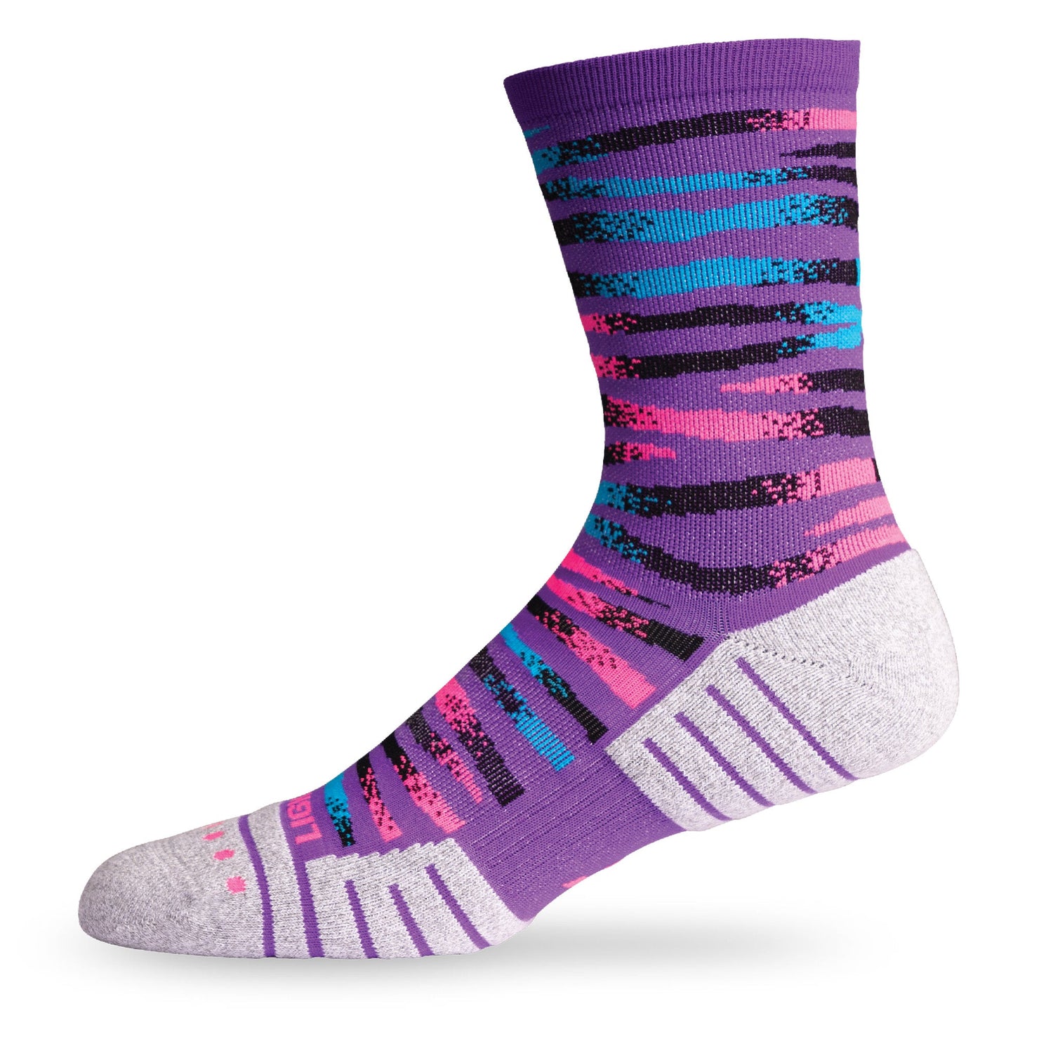 Side view of Lightfeet Performance Predator Purple Aqua Pink Half Crew Sock 