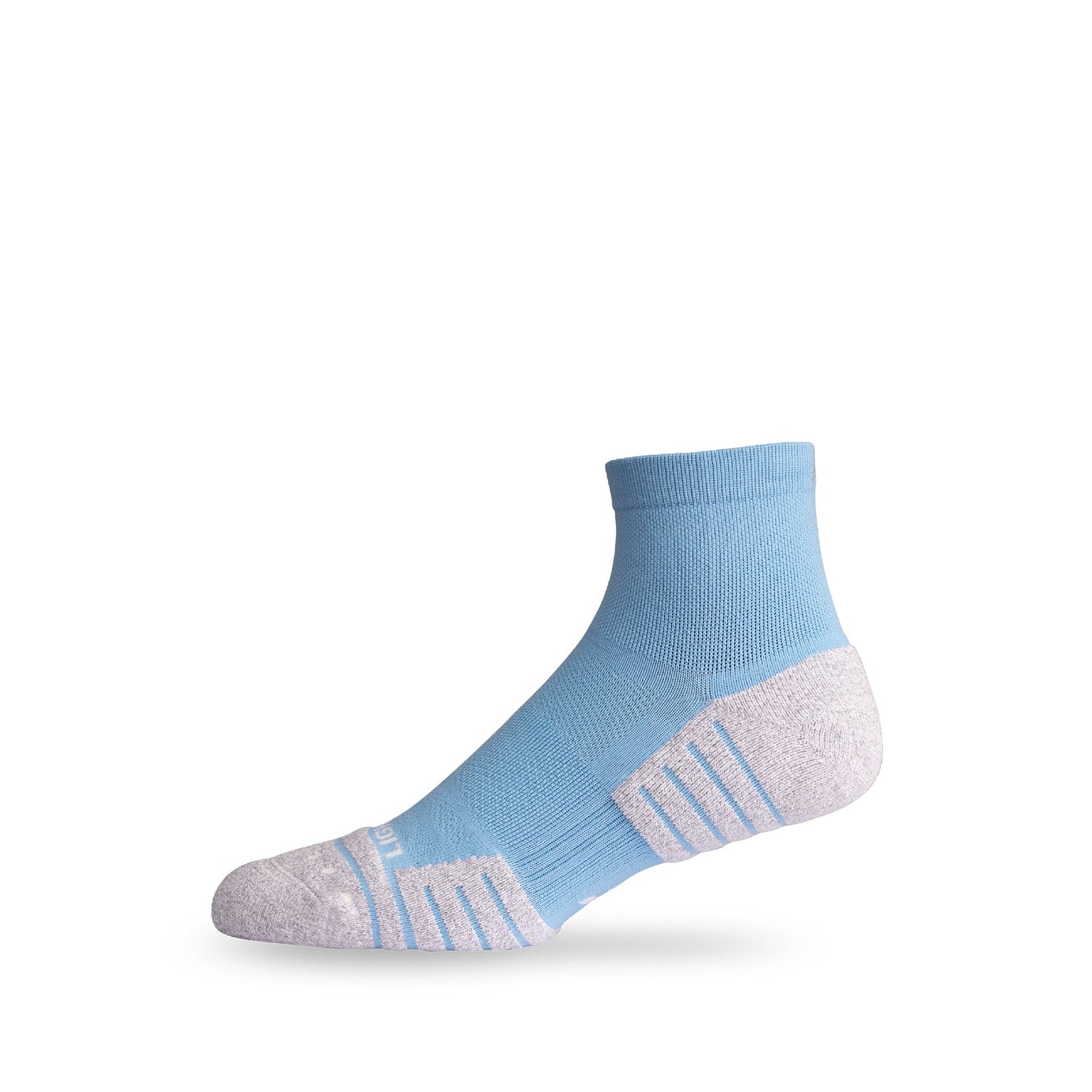 Side view of Lightfeet Performance Soft Blue Quarter Crew Sock 