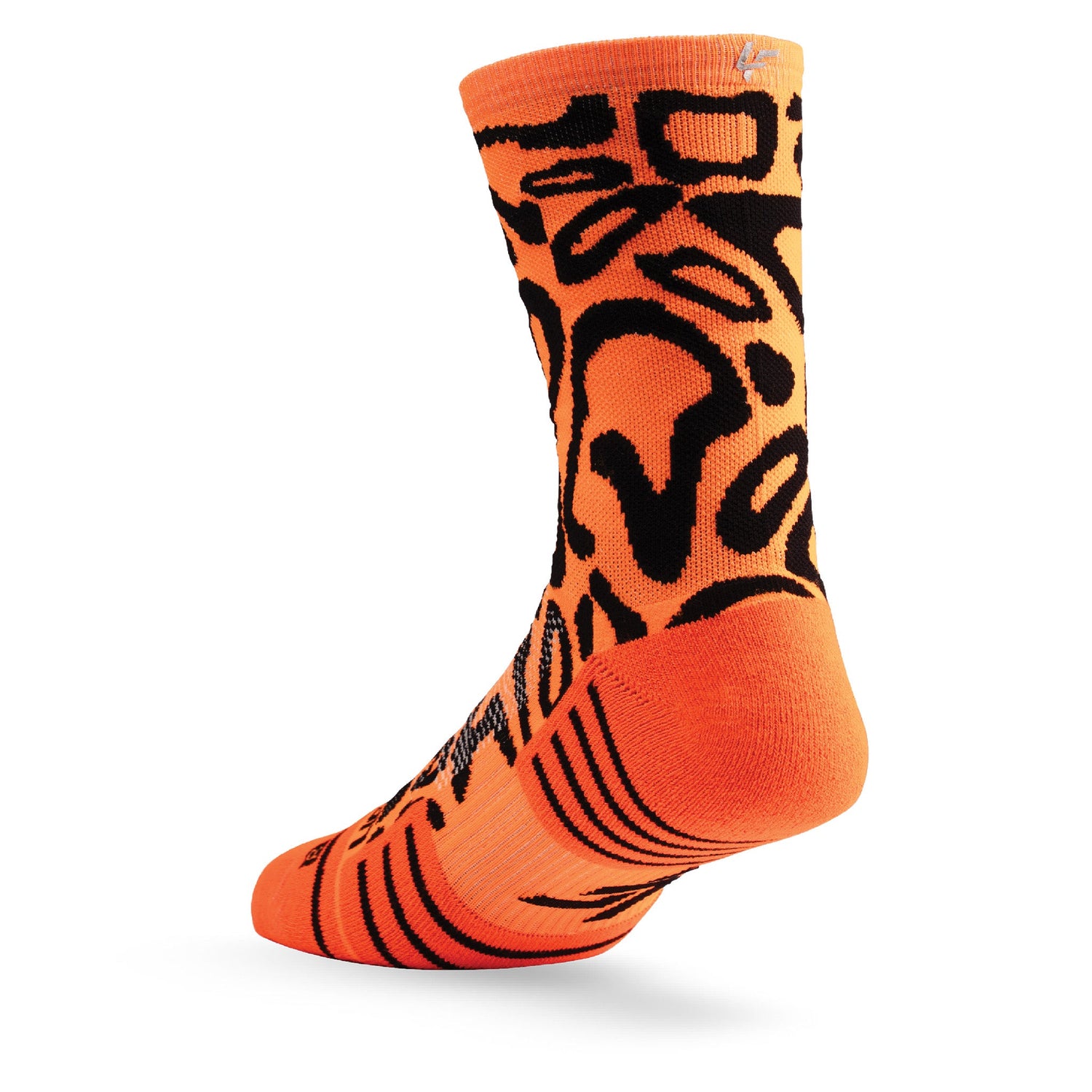 Heel view of Lightfeet Performance Scribbles Orange Black Crew Socks 
