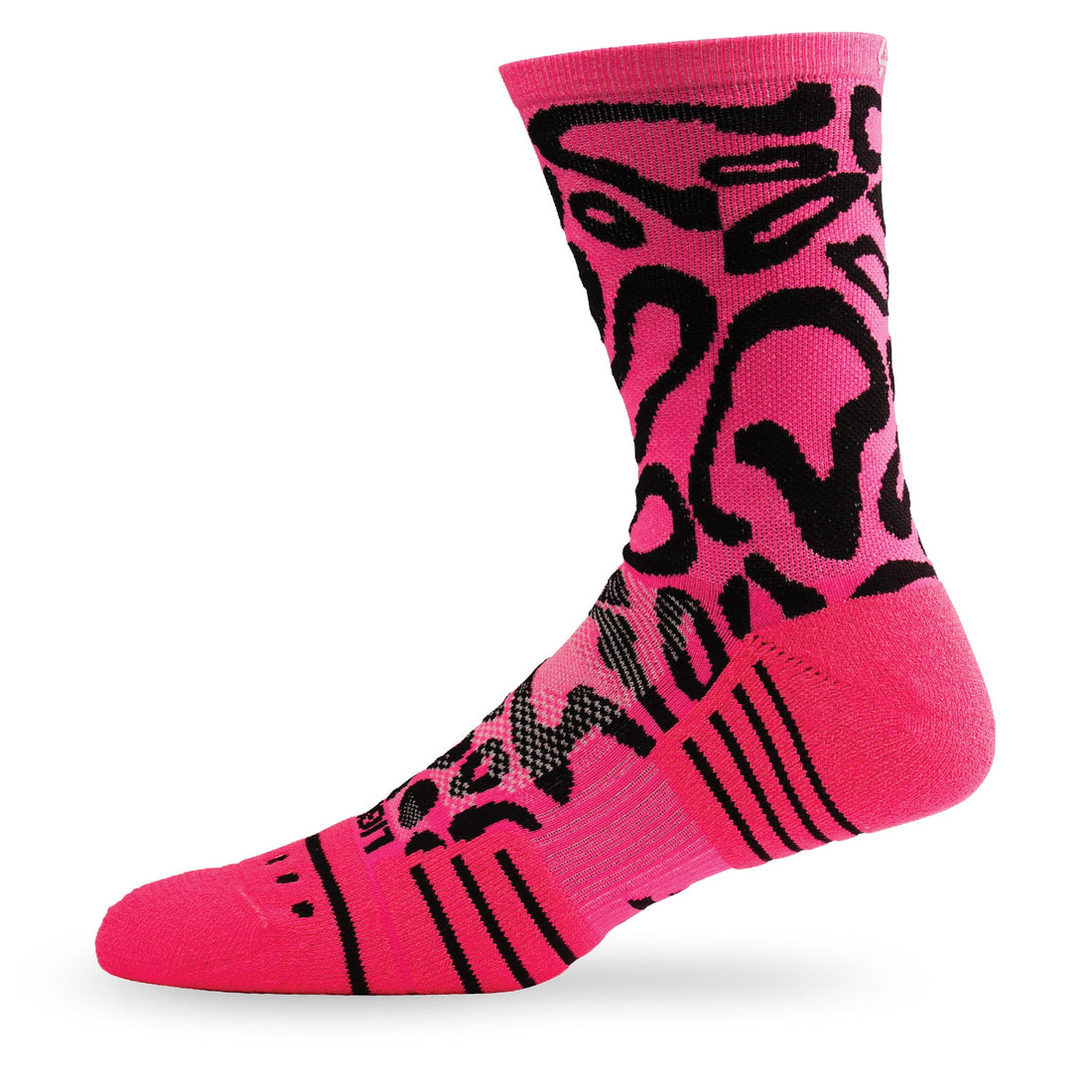 Side view of Lightfeet Performance Scribbles Pink Black Crew Socks 