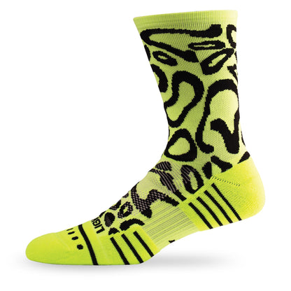 Side view of Lightfeet Performance Scribbles Yellow Black Crew Socks 