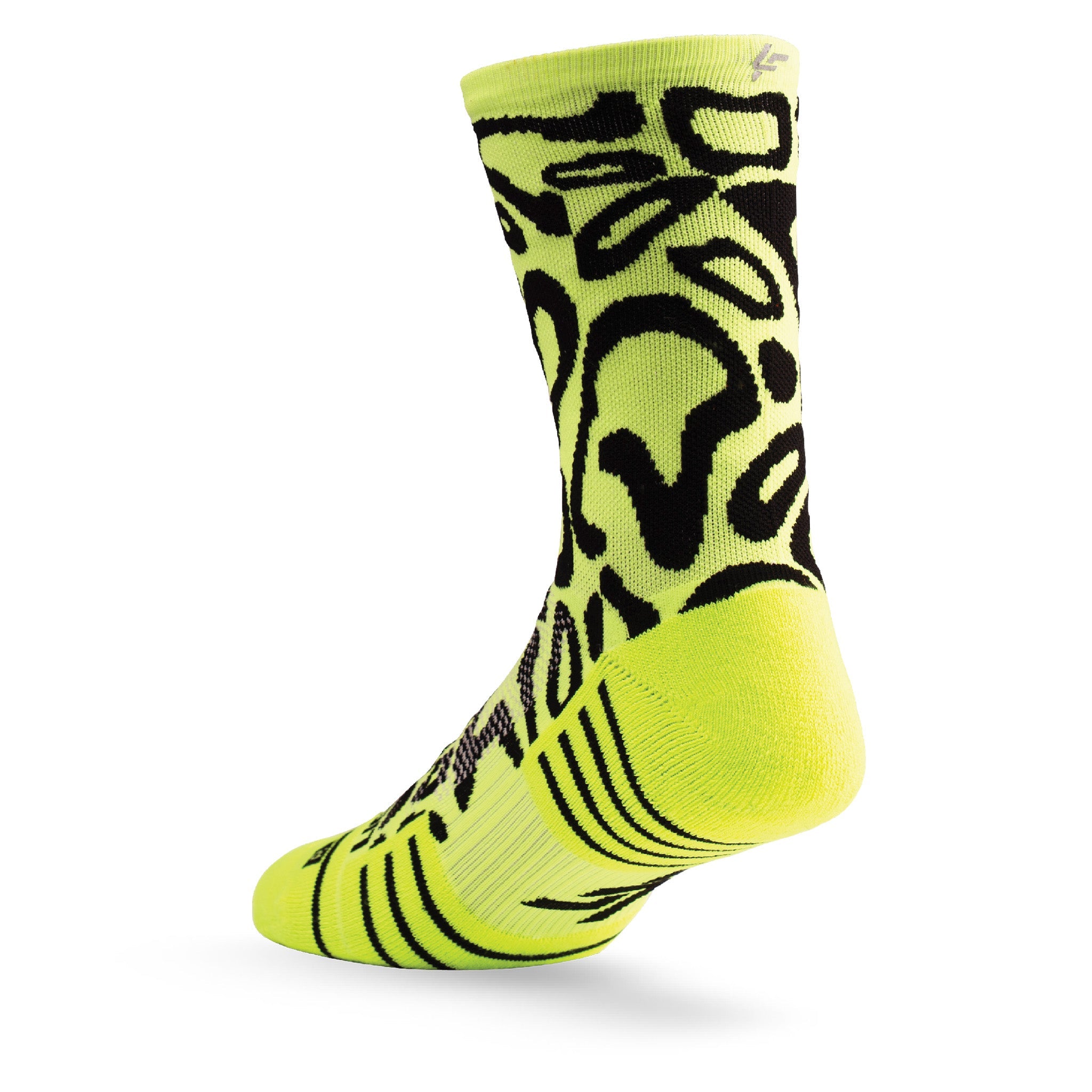 Heel view of Lightfeet Performance Scribbles Yellow Black Crew Socks 