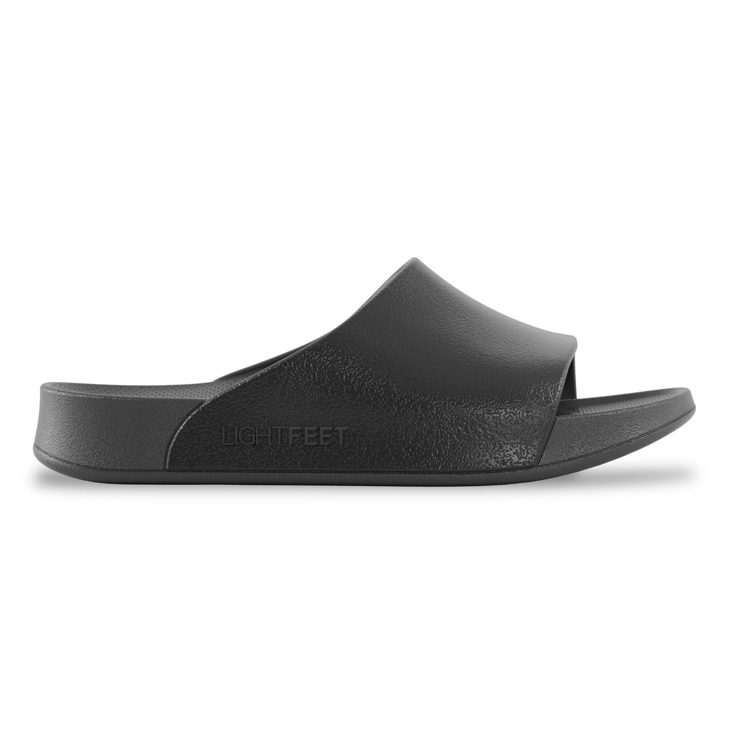 Lateral side view of black Lightfeet Single Strap Slide