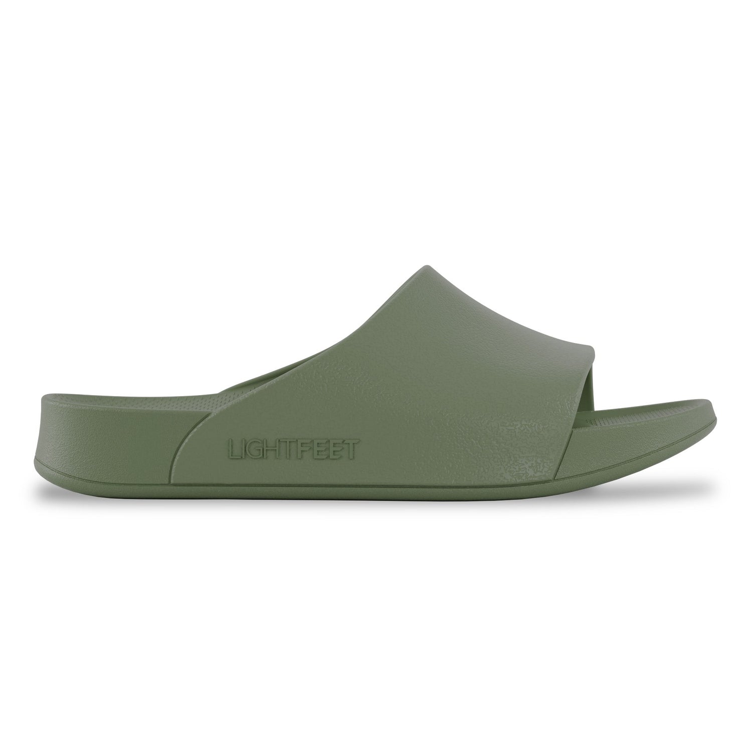 Lateral side view of khaki Lightfeet Single Strap Slide