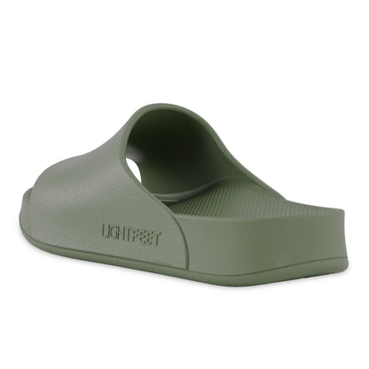 Back angle view of the arch contour of the khaki Lightfeet Single Strap Slide